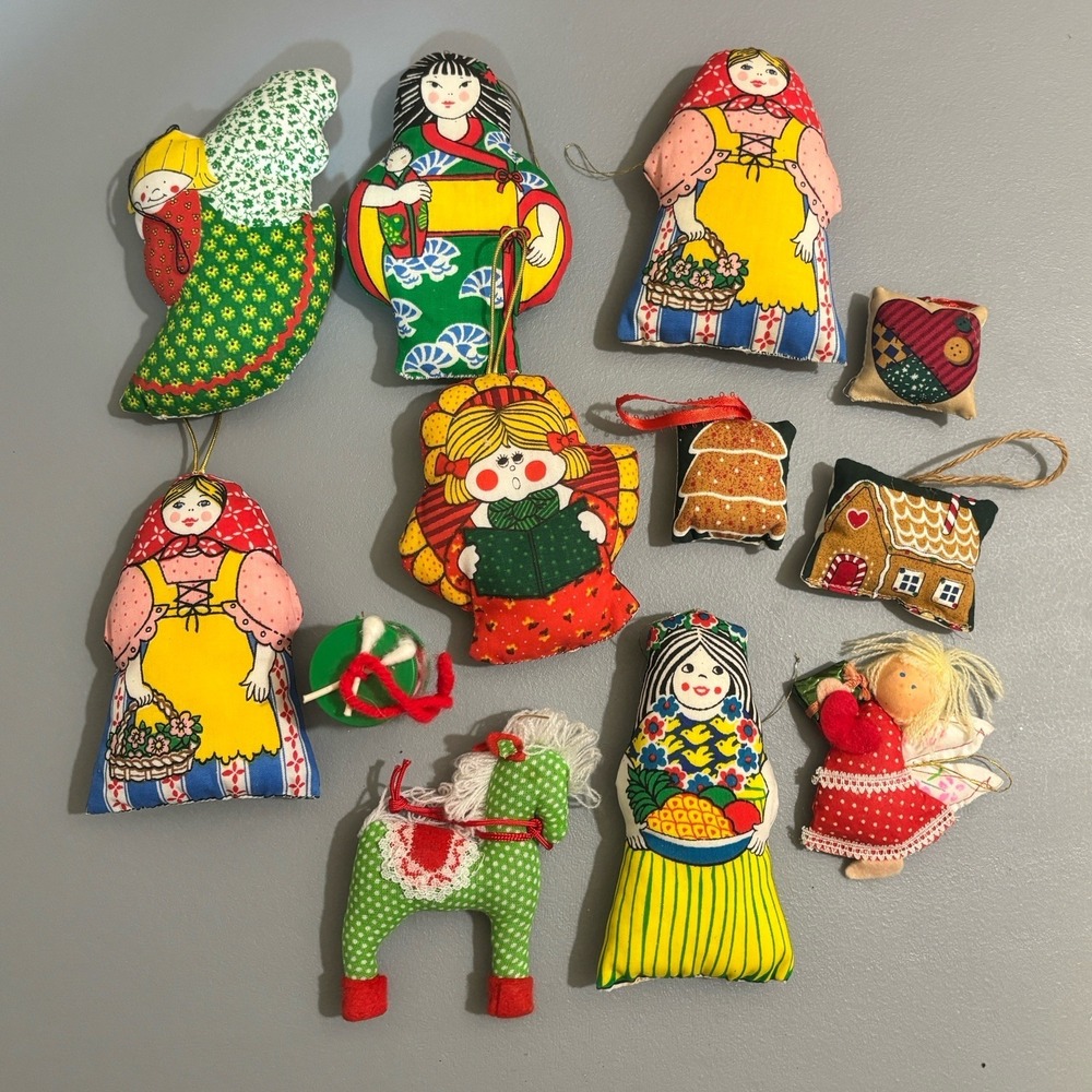 12 Vintage Fabric International Dolls of the World Christmas Ornaments Mixed Lot